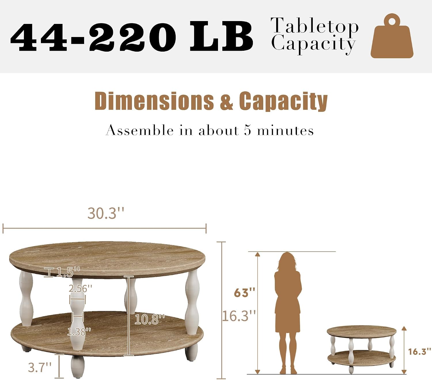 karlott Farmhouse Coffee Table, 30.3' Round Coffee Tables for Living Room, Solid Wood Veneer 2-Tier Center Table with Storage Shelf, Pine Leg, Boho Rustic, Easy Assembly, Cream Beige