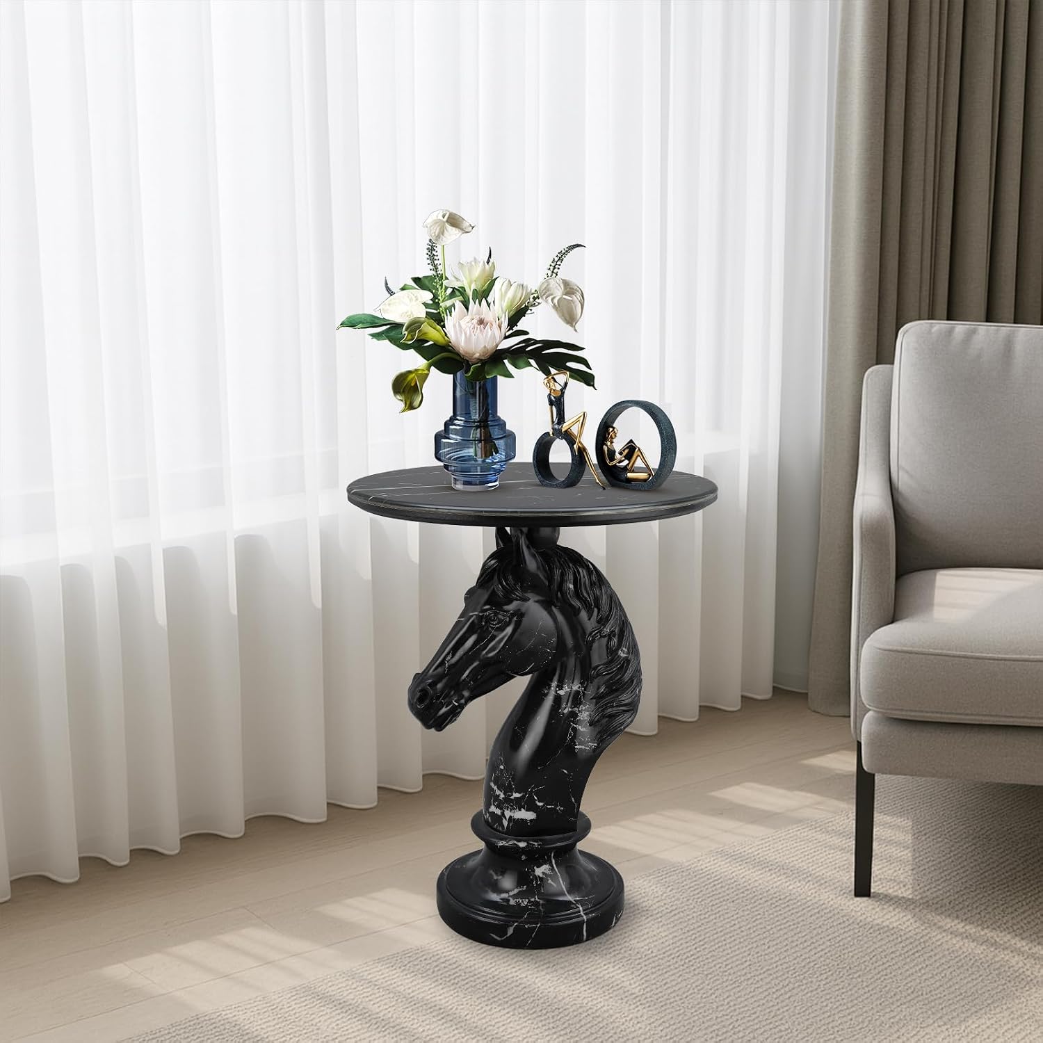 Modern Accent Table Living Room Horse Statue Black Stripe Contemporary‌ Faux Marble Night Stand Side Table with Horse Head Base Reception Area & Bedroom（Width 19.69' ——Tall 24.8'）