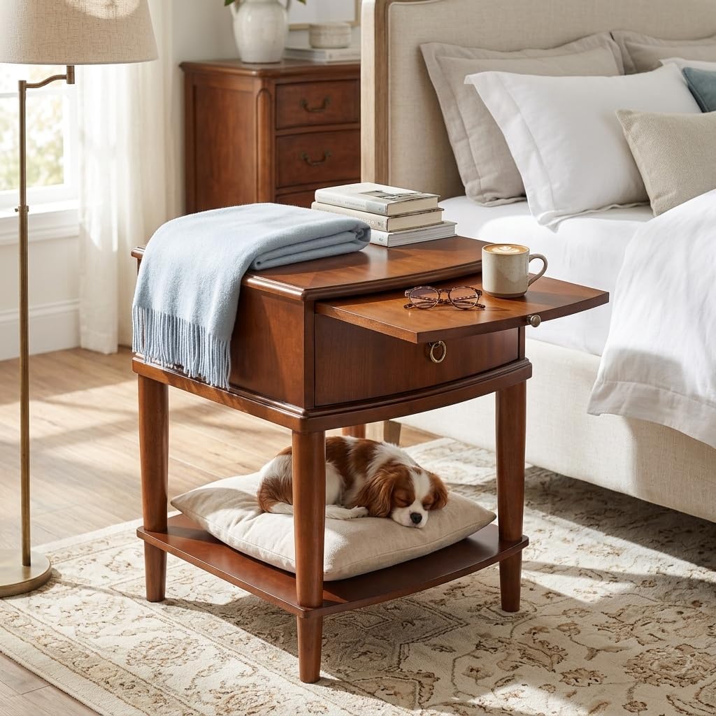 Wood Side End Table with Tray Extension and Storage Drawers, Sofa Side Table with Round Legs,No-Tools Assembly, Telephone Table for Living Room, Office, 17.7'L x 19.7'W x 22.8'H Beeswax CJZ-A1569-MG