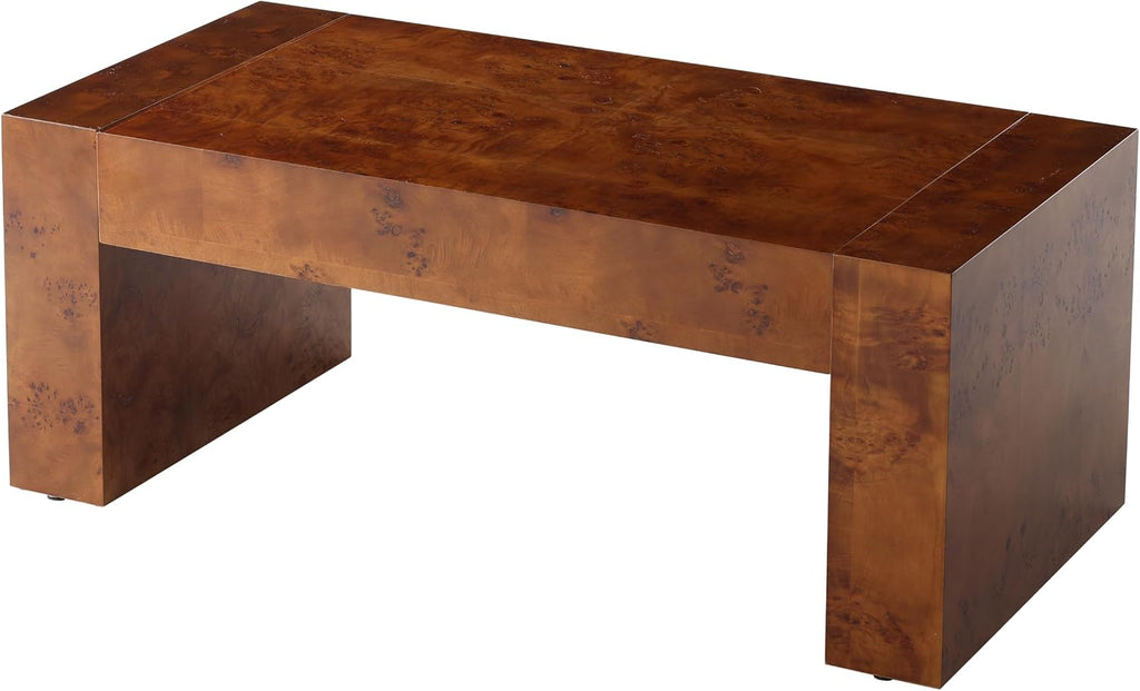 COZAYH Modern Burl Finish Coffee Table, Wood Block Center Table with Thick Legs, Minimalist Rectangular Cocktail Table for Living Room, Dark Brown