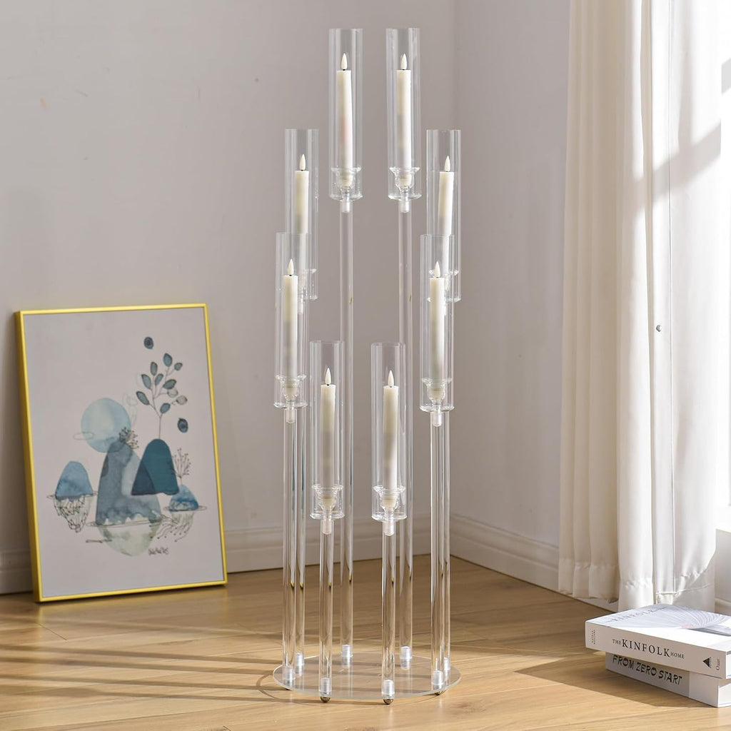 4PCS 8 Arms Clear Candelabra Candle Holder for Wedding Decorations,38.5 inches Tall Arcylic Candlesticks Holder with Shade for Table Dinner Party Valentines Day Fireplace Decoration