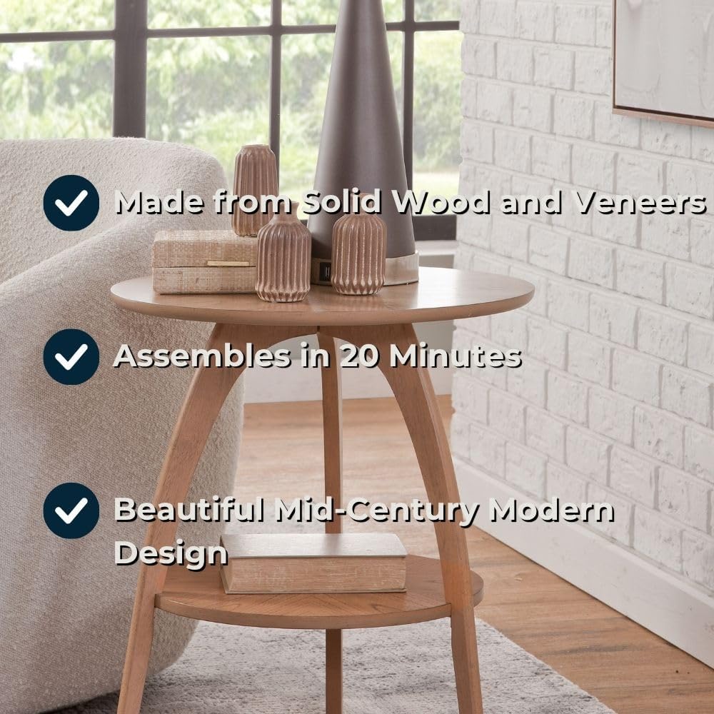 Martin Svensson Home LAX Retro Mid-Century Modern Round Wood End Table, Solid Grain Side Table with Lower Shelf, Small Accent Table for Living Room or Nightstand. Light Wood Blonde.