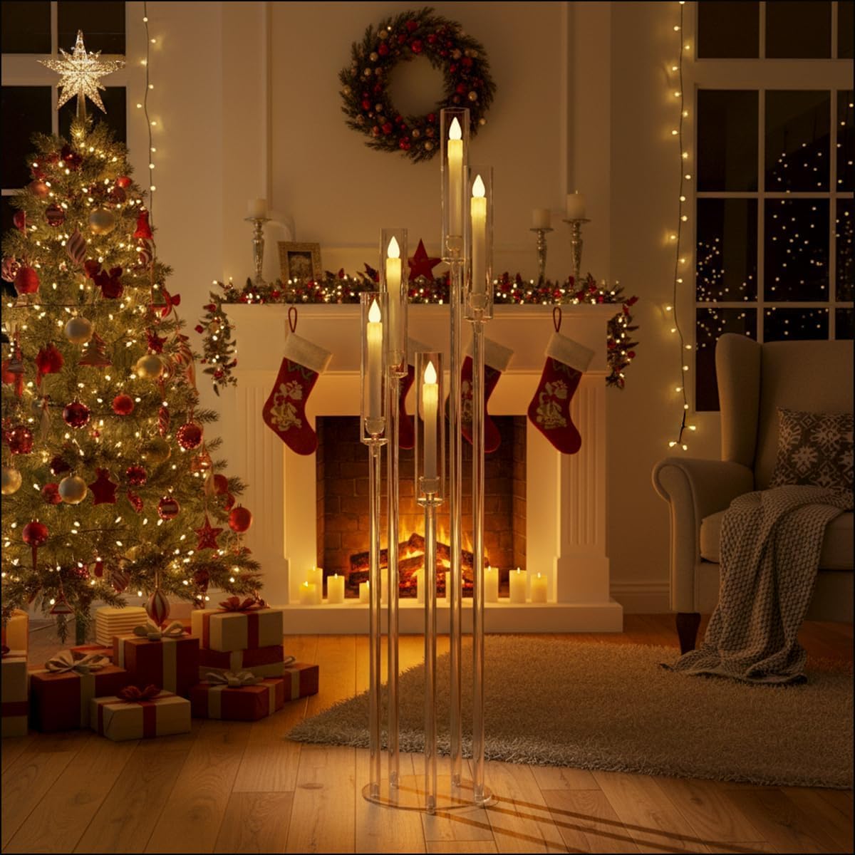 6PCS Acrylic Candelabra Centerpieces for Tables, 5 Arm Clear Candelabra Candle Holders for Wedding Centerpieces, Tall Floor Candelabras for Event Party Home Decor Fits 0.8 LED Candles