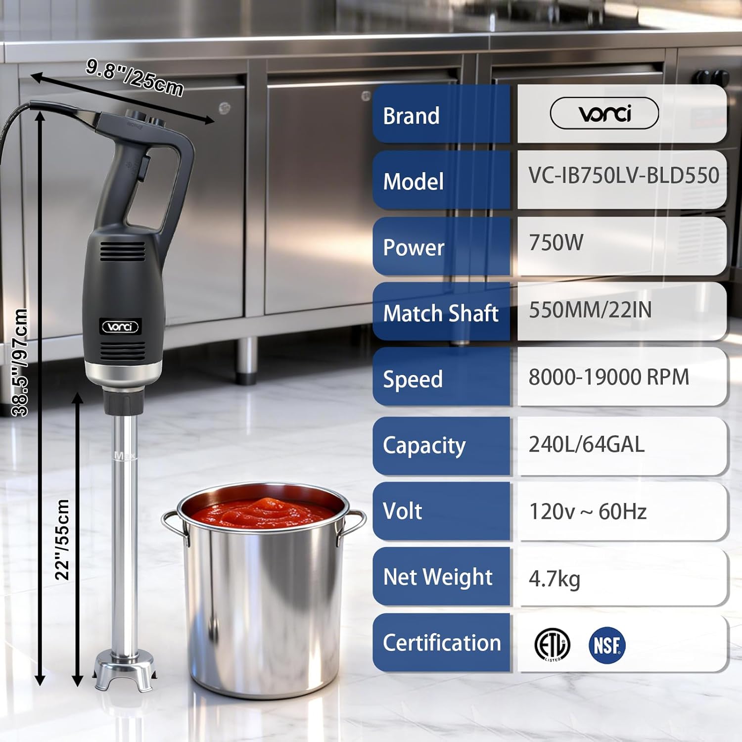 VONCI 750W Commercial Immersion Blender, Extra Heavy Duty Hand Blender with Variable Speed 8000-19000RPM, Handheld Stick Mixer with 22' SUS 304 Shaft, Commercial Emulsifier for Restaurant Kitchen.