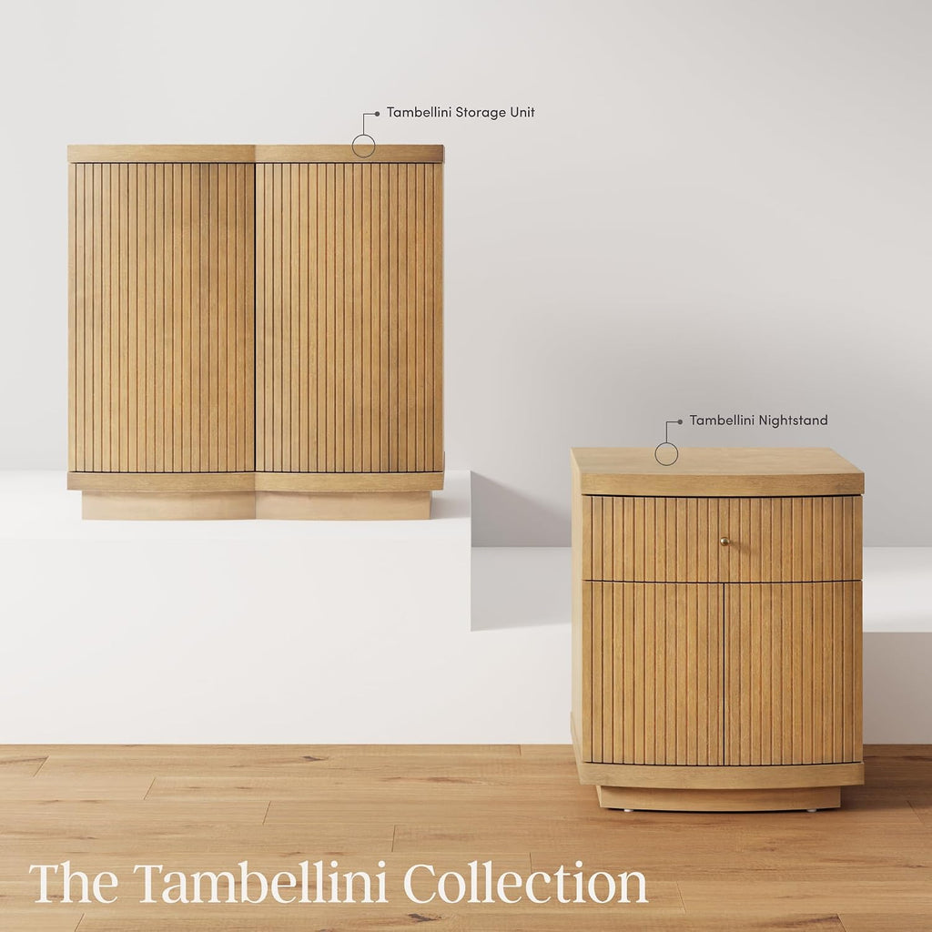 Nathan James Tambellini Mid Century Modern Nightstand, Bedside Table with Drawer and Cabinet Storage, Solid Wood Legs and Fluted Door Fronts, Light Brown