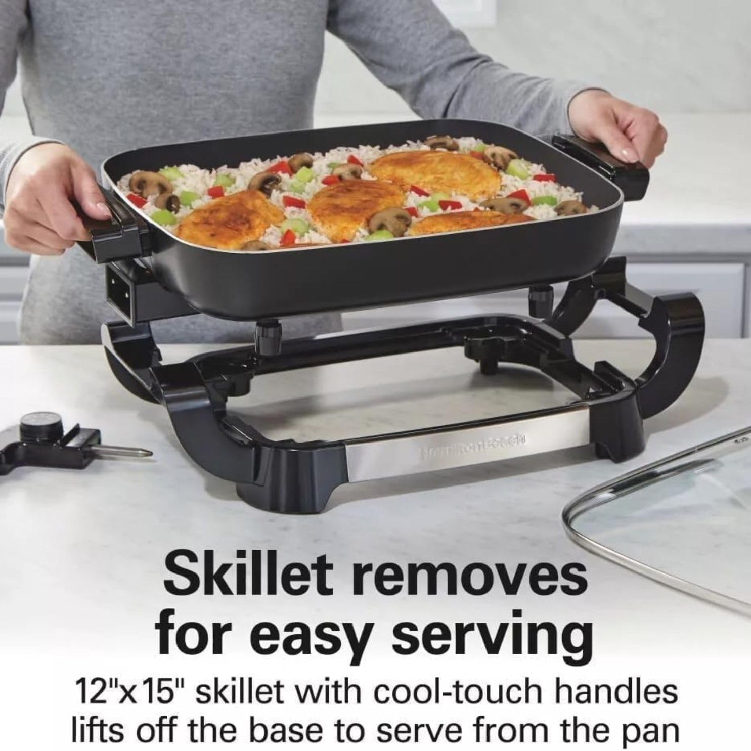 Hamilton-Beach 20.5' Durathon Ceramic Reversible Nonstick Electric Skillet, 1500W Electric Pan with Adjustable Temperature Control, Dishwasher-Safe Parts, Black