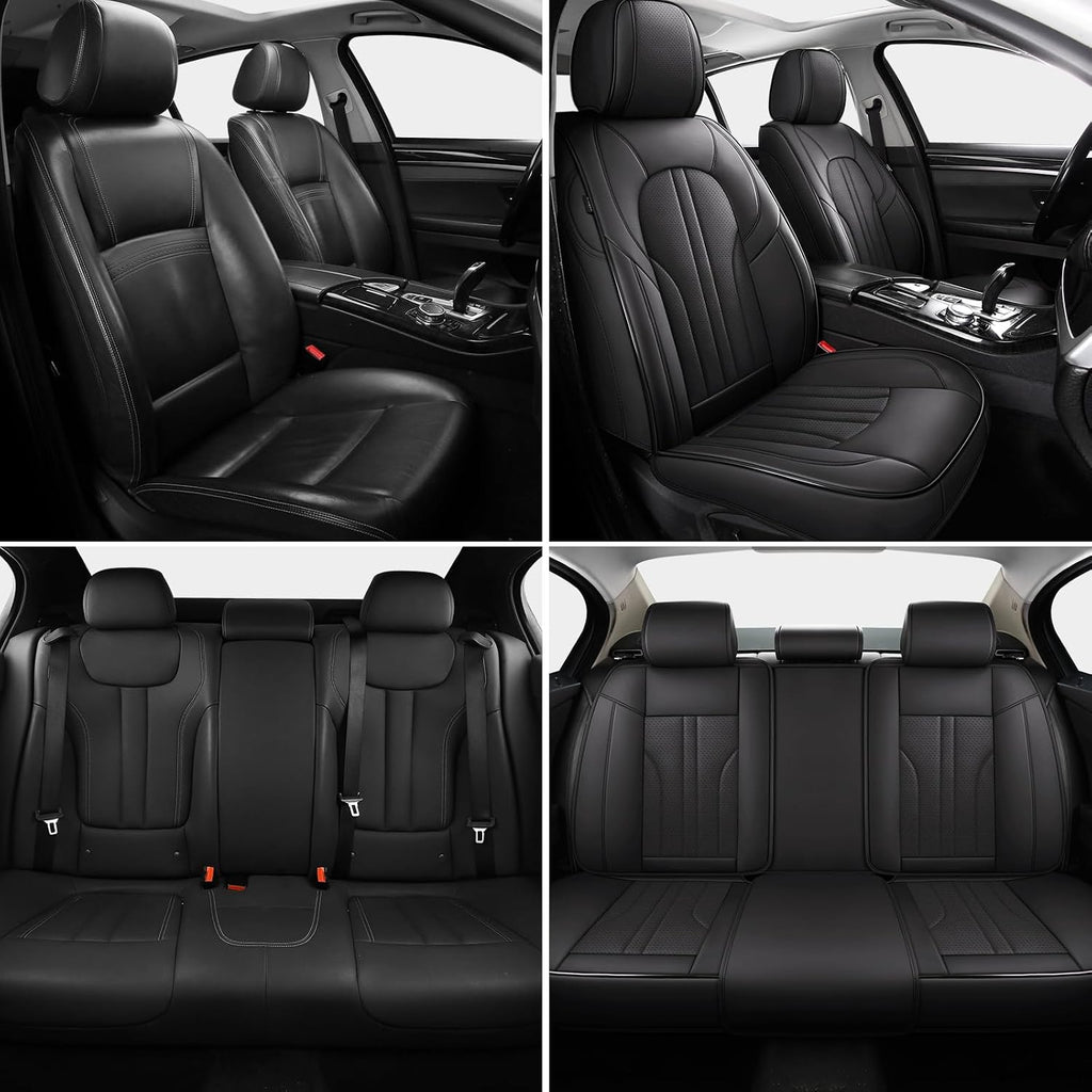 MINGBRON Car Seat Cover Full Set, Leather Car Seat Cover, Waterproof Seat Covers, Car Seat Cushion, Nappa Leather Seat Covers Car Seat Protector Universal Fit Most Cars Black