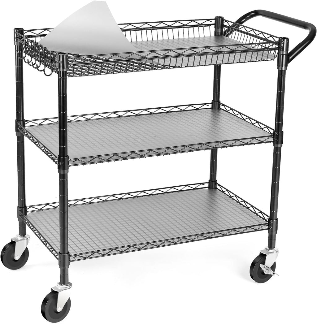 WDT 990Lbs Capacity Heavy Duty Rolling Utility Cart, NSF Rolling Carts with Wheels,Commercial Grade Metal Cart with Handle Bar & Shelf Liner,Trolley Serving Cart for Restaurant,Kitchen,Black