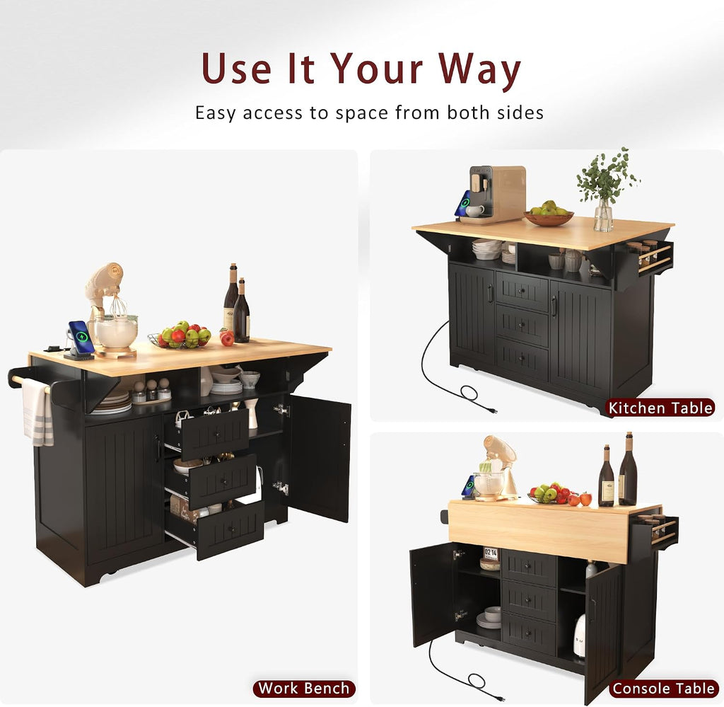 Merax 55.7' Upgraded Large Kitchen Cart Island on Wheels with 2 Drop Leaf,Power Outlet,3 Drawers,Wood Frame Storage Cabinet