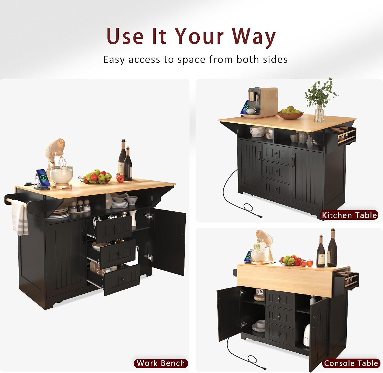 Merax 55.7' Upgraded Large Kitchen Cart Island on Wheels with 2 Drop Leaf,Power Outlet,3 Drawers,Wood Frame Storage Cabinet