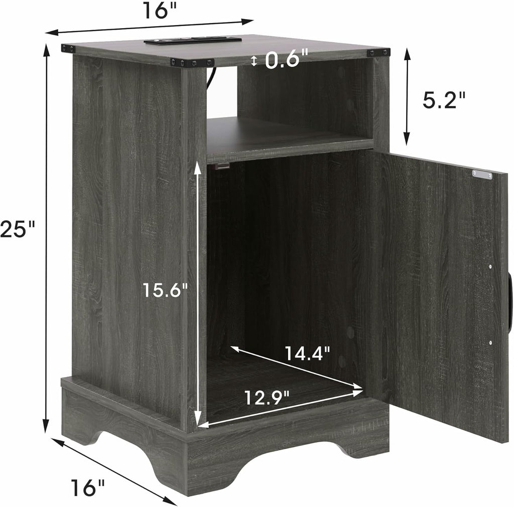 RoyalCraft Farmhouse Nightstand Set of 2, End Table with Charging Station, Tall Bedside Table with Large Storage and Shelf, Wooden Side Table with for Bedroom, Home Office, Dark Grey