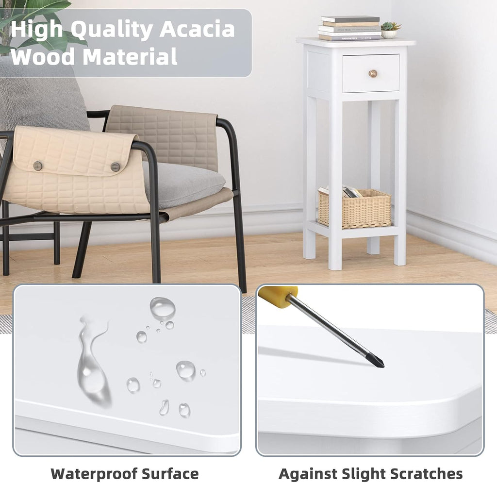 Giantex Tall End Table Set of 2, Narrow Side Table with Drawer and Shelf, Acacia Wood Nightstand for Living Room, 2-Tier Bedside Table for Small Space, No Assembly, White