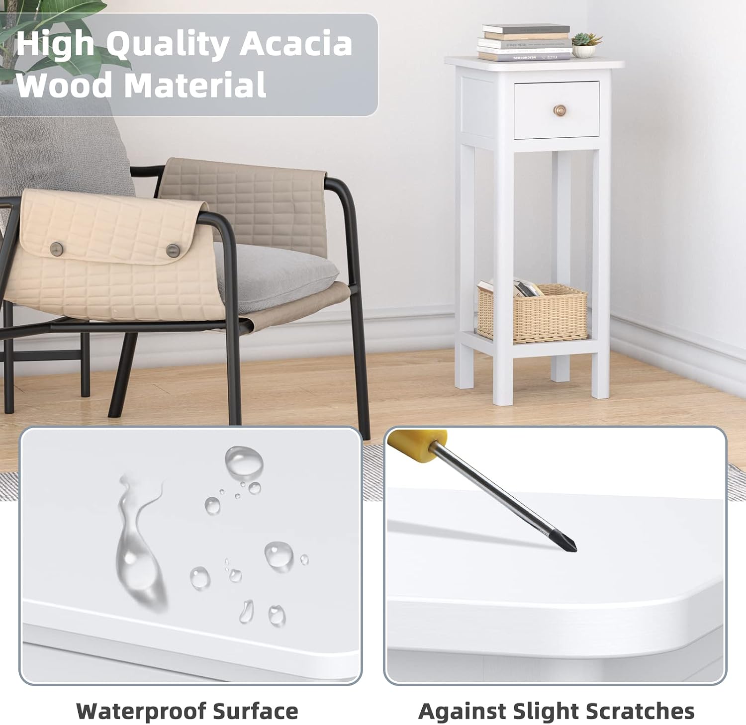 Giantex Tall End Table Set of 2, Narrow Side Table with Drawer and Shelf, Acacia Wood Nightstand for Living Room, 2-Tier Bedside Table for Small Space, No Assembly, White
