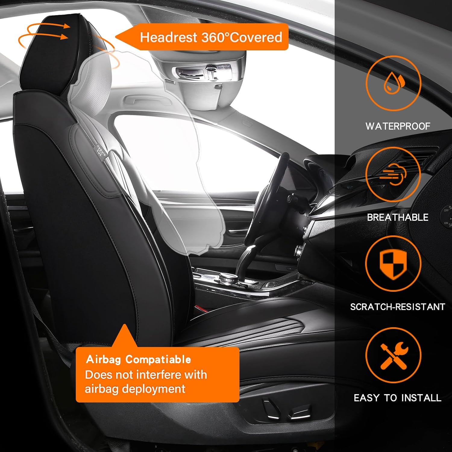 MINGBRON Car Seat Cover Full Set, Leather Car Seat Cover, Waterproof Seat Covers, Car Seat Cushion, Nappa Leather Seat Covers Car Seat Protector Universal Fit Most Cars Black