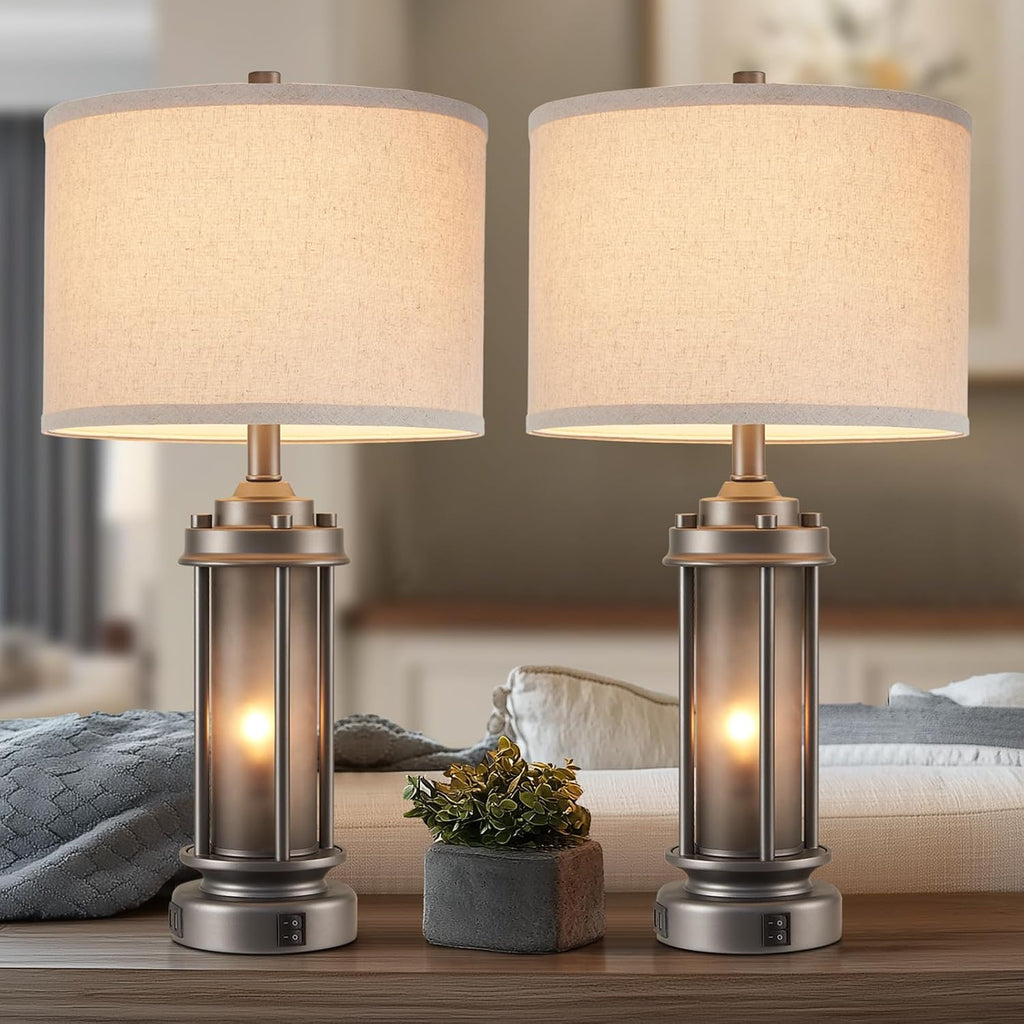 AIEAMPDO Industrial Metal Table Lamps Set of 2 Living Room Bedroom, 2 USB Ports Bedside Lamp with Glass Nightlight, Modern Desk Lamp for Entryway Office End Table, 4 Bulbs Included