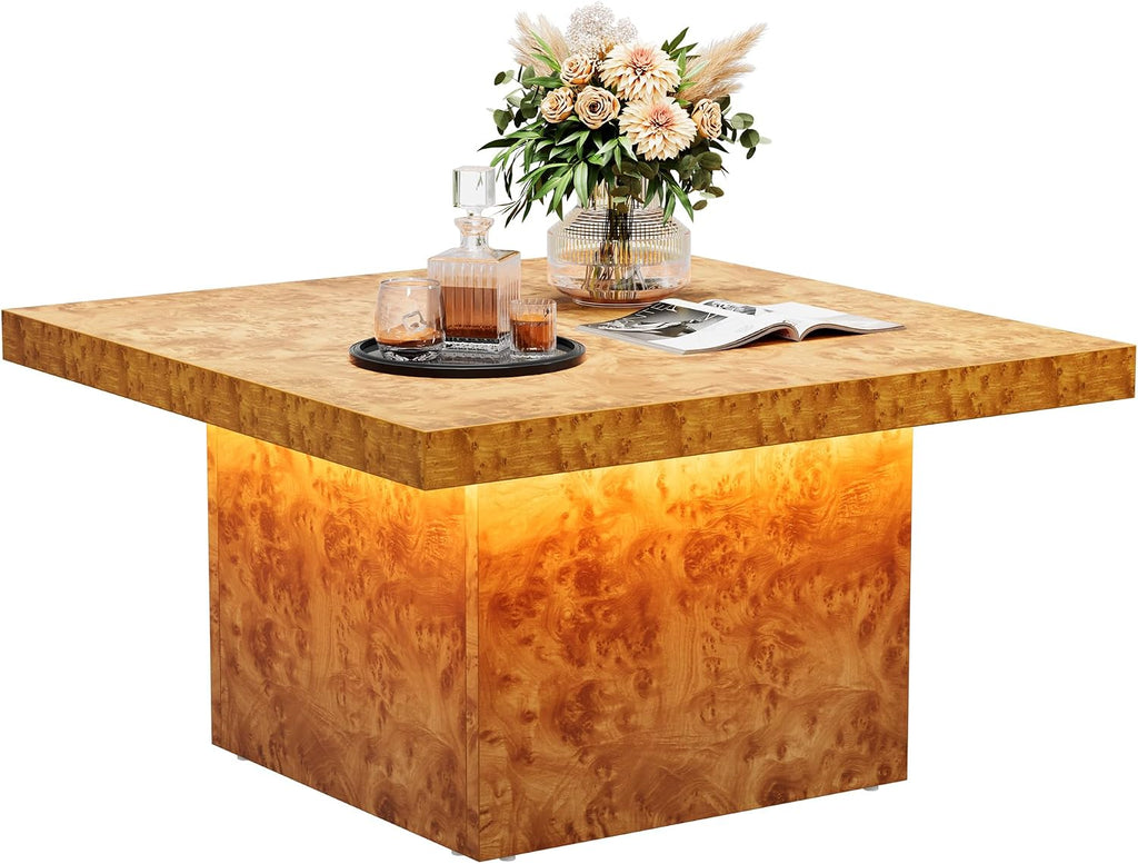YITAHOME Coffee Table Square LED Coffee Table, Burl Wood Grain Tea Coffee Tables for Living Room/Apartment, Modern Wooden Center Table for Office Decor, Burl Wood