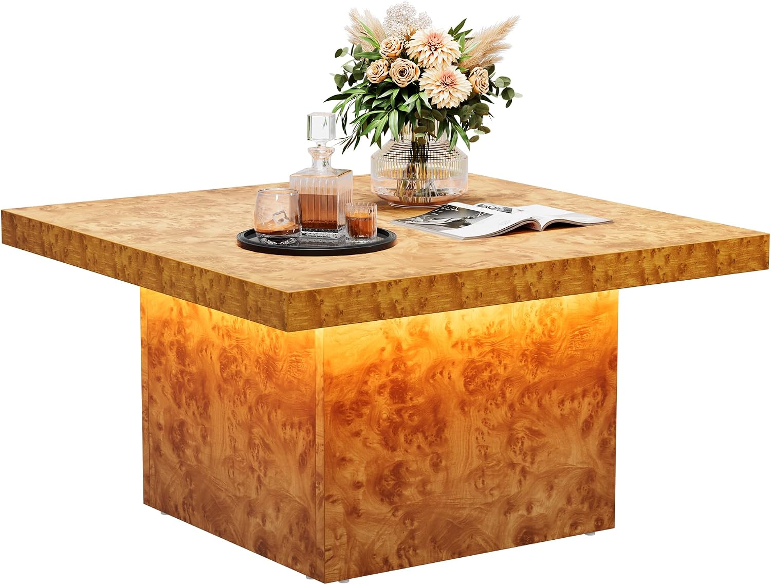 YITAHOME Coffee Table Square LED Coffee Table, Burl Wood Grain Tea Coffee Tables for Living Room/Apartment, Modern Wooden Center Table for Office Decor, Burl Wood