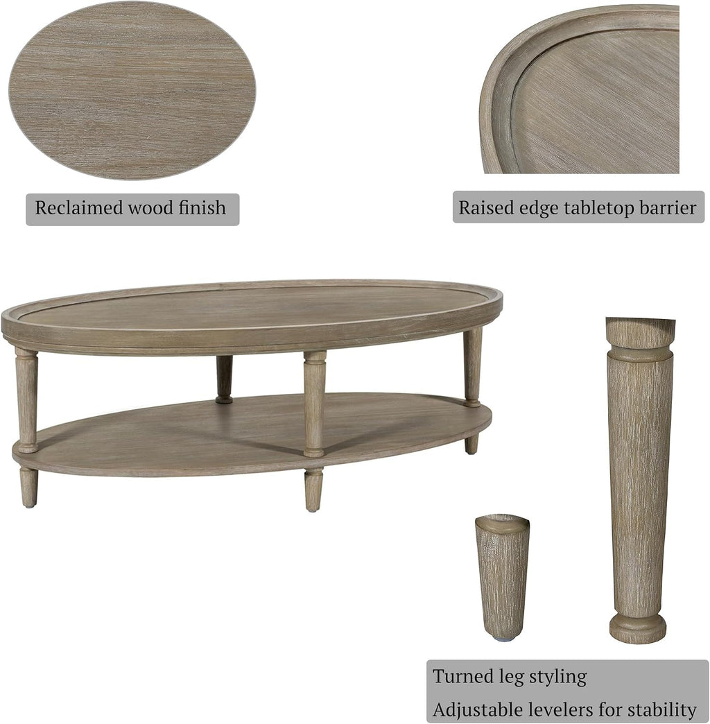 Martha Stewart Ayanna Round Coffee Table for Living Room, Bedford Collection, Farmhouse Coffee Table with Shelving for Storage, Modern Farmhouse Living Room Table, 48' Wide Reclaimed Greige