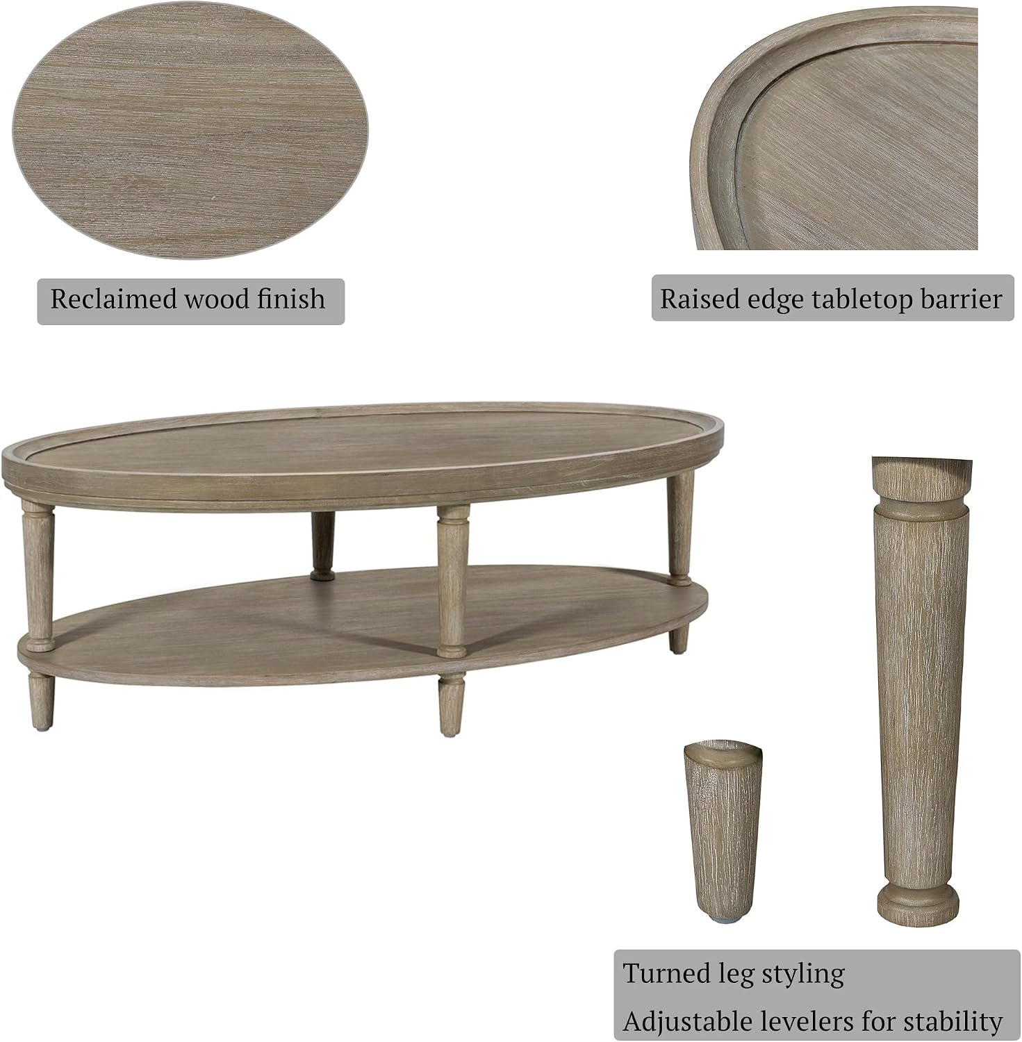 Martha Stewart Ayanna Round Coffee Table for Living Room, Bedford Collection, Farmhouse Coffee Table with Shelving for Storage, Modern Farmhouse Living Room Table, 48' Wide Reclaimed Greige
