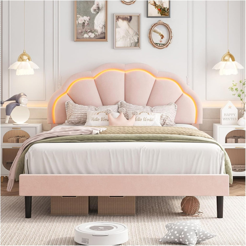 HIFIT Full Upholstered Smart LED Bed Frame with Adjustable Chic Petal Headboard, Princess Full Size Platform Bed Frames for Girls, Wooden Slats Support, No Box Spring Needed, Easy Assembly, Pink