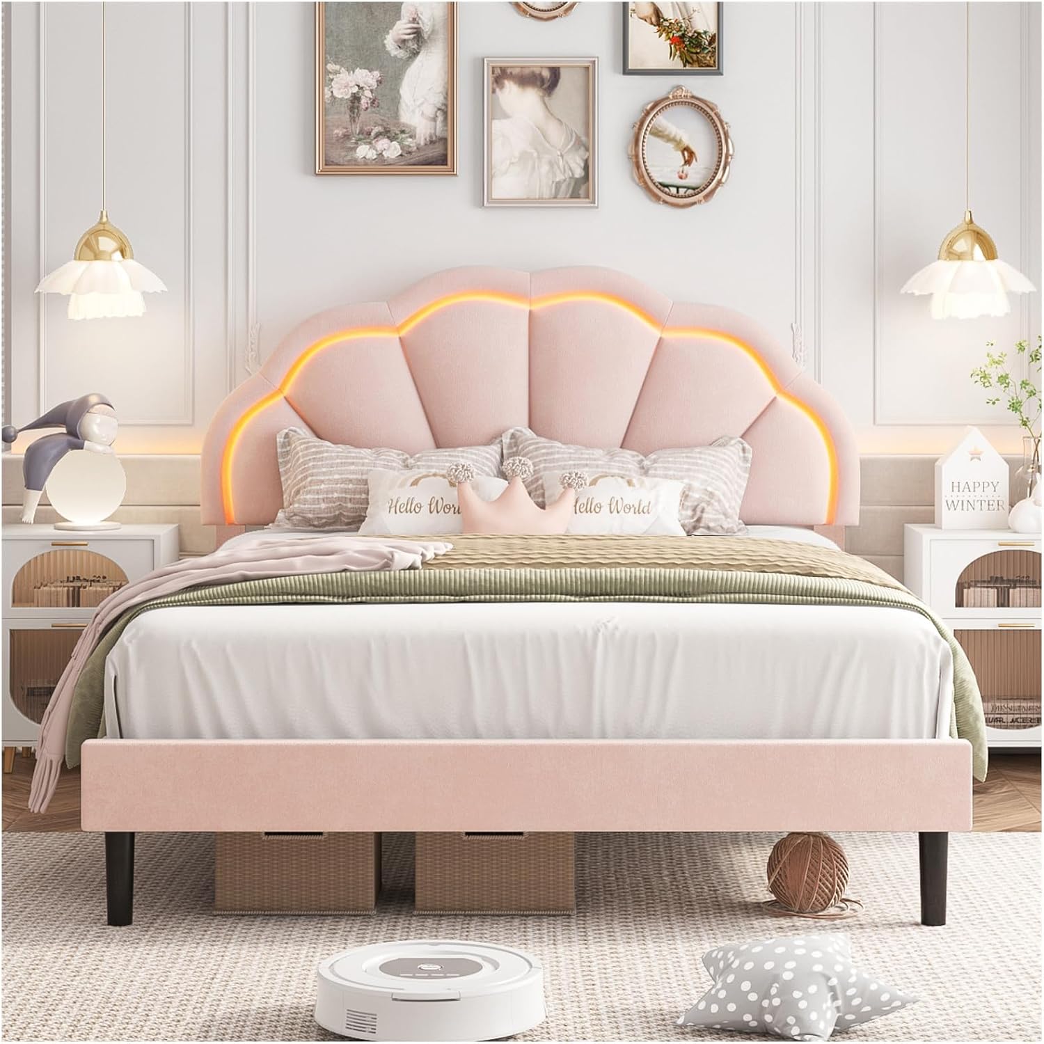 HIFIT Full Upholstered Smart LED Bed Frame with Adjustable Chic Petal Headboard, Princess Full Size Platform Bed Frames for Girls, Wooden Slats Support, No Box Spring Needed, Easy Assembly, Pink