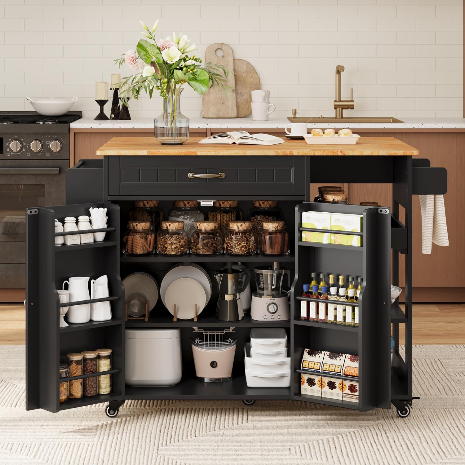 Gizoon Kitchen Island with Storage, Kitchen Island with Drop Leaf, 41.7''W Rolling Dining Cart, Foldable Countertop, 5 Wheels, Refrigerator Door, Adjustable Shelves, Spice/Towel Rack, Black