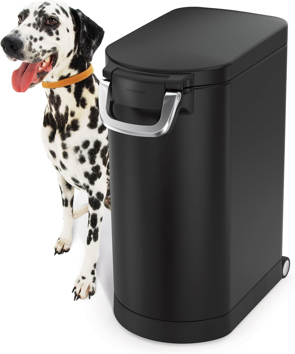 simplehuman Large Pet Food Storage Container, Holds 30-35 lb / 14-16 kg of Dry Dog Food, Cat Food, or Bird Seed, Airtight Lock-Tight Lid with Magnetic Scoop, BPA-Free, Matte Black Steel
