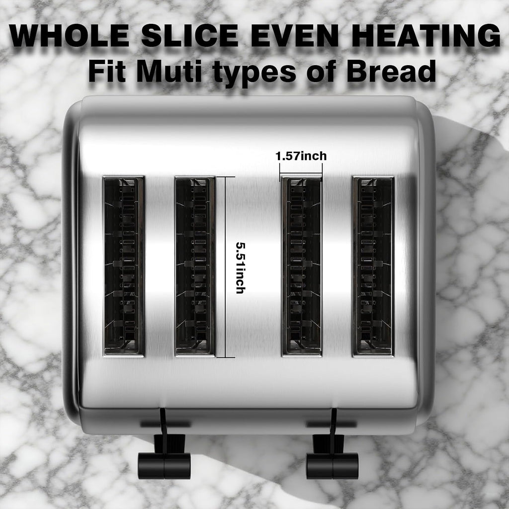 PYY Professional Commercial Toaster 4 Slice - 1800W Stainless Steel Heavy Duty Toaster, 6 Browning Levels, 1.57' Wide Slots, Removable Crumb Tray for Bagels Bread Waffles (Commercial & Home Use)