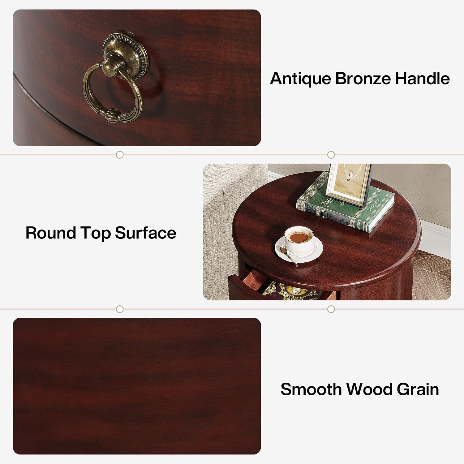 Tribesigns Solid Wood End Table, Round Side Table with 4 Drawers, Vintage Bedside Table Nightstand for Small Spaces, Living Room, Bedroom, No Assembly Required (1, Cherry Brown)