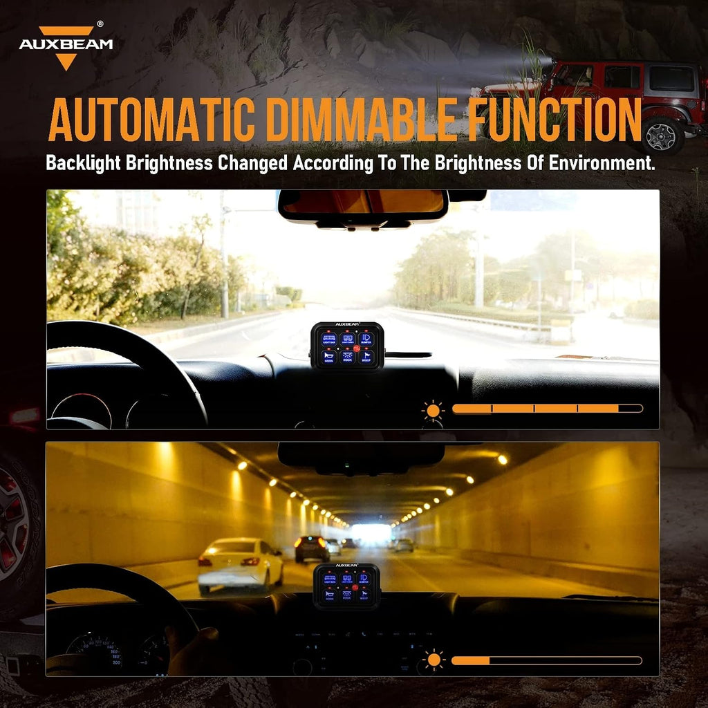 Auxbeam 6 Gang Switch Panel BC60 Universal Circuit Control Relay System Automatic Dimmable LED Switch Pod Touch Control Panel Switch Box for Car Truck Pickup Boat UTV SUV - Blue, 3 Years Warranty