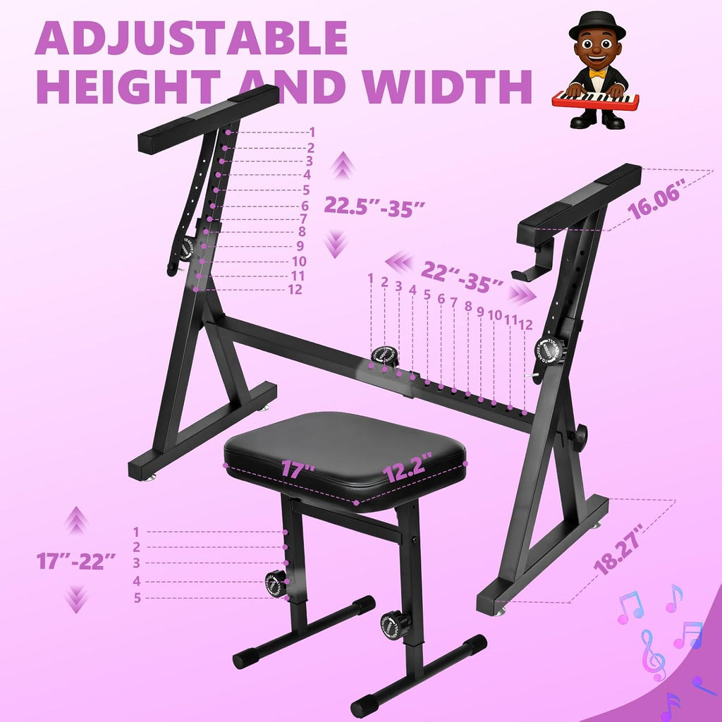 Digital Piano Keyboard Stand and Bench Set - Heavy Duty Adjustable Portable Music Stand and Bench Seat for 54-88 Key Electric Pianos
