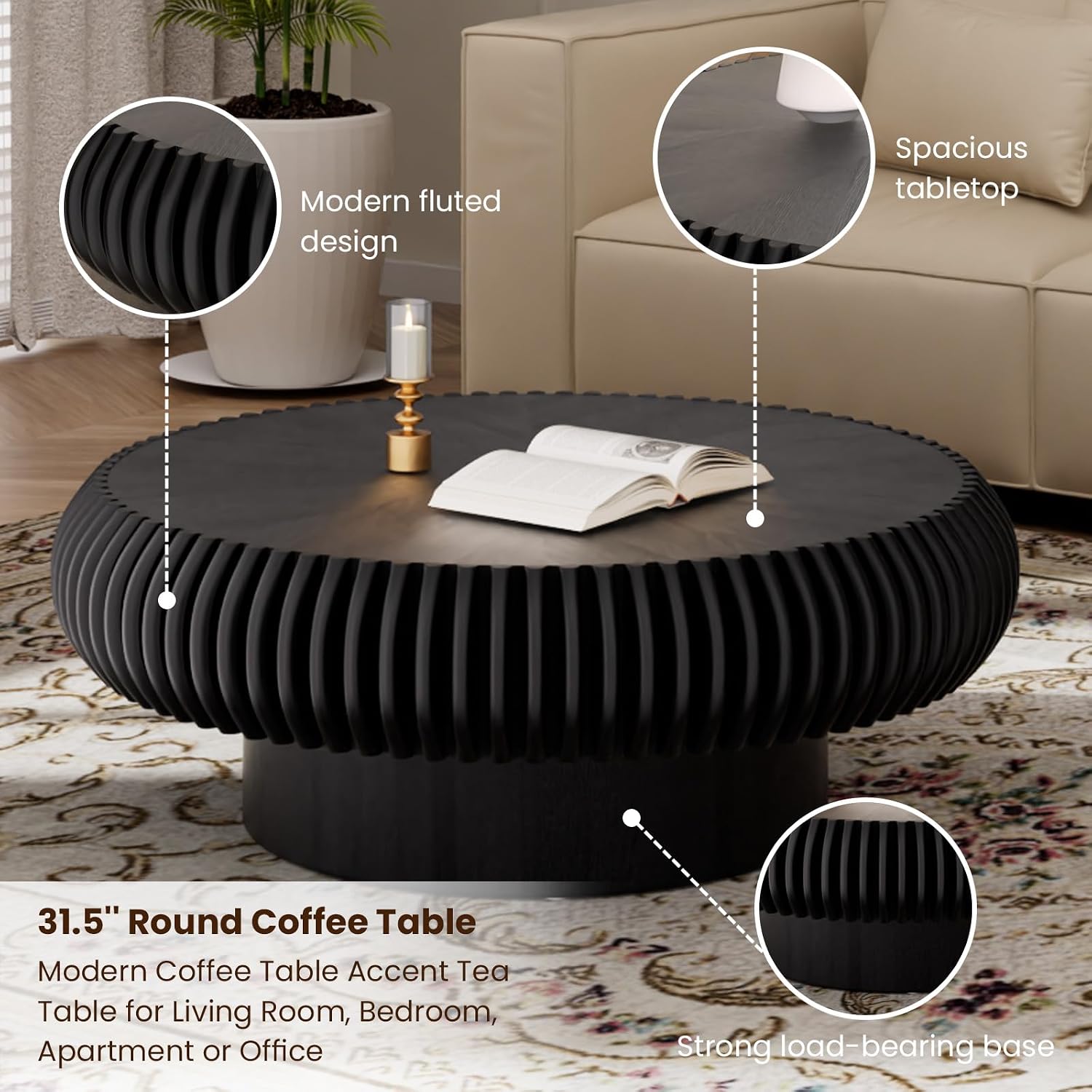 Round Drum Coffee Table for Living Room, Mid Century Modern Coffee Table with Sturdy Pedestal, Farmhouse Fluted Circle Center Table Accent Tea Table for Apartment (31.5' Black)