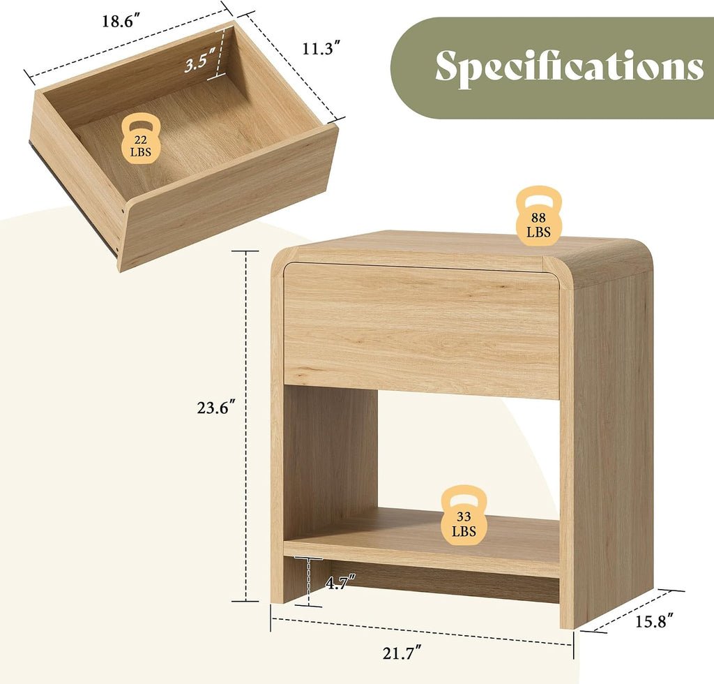 AMERLIFE Modern Night Stand Set 2 with Storage Drawer & Open Shelves, 24' Round Bedside Table Nightstand with Curved Top Corners for Bedroom Living Room Sofa Office, End Table for Small Spaces, Oak