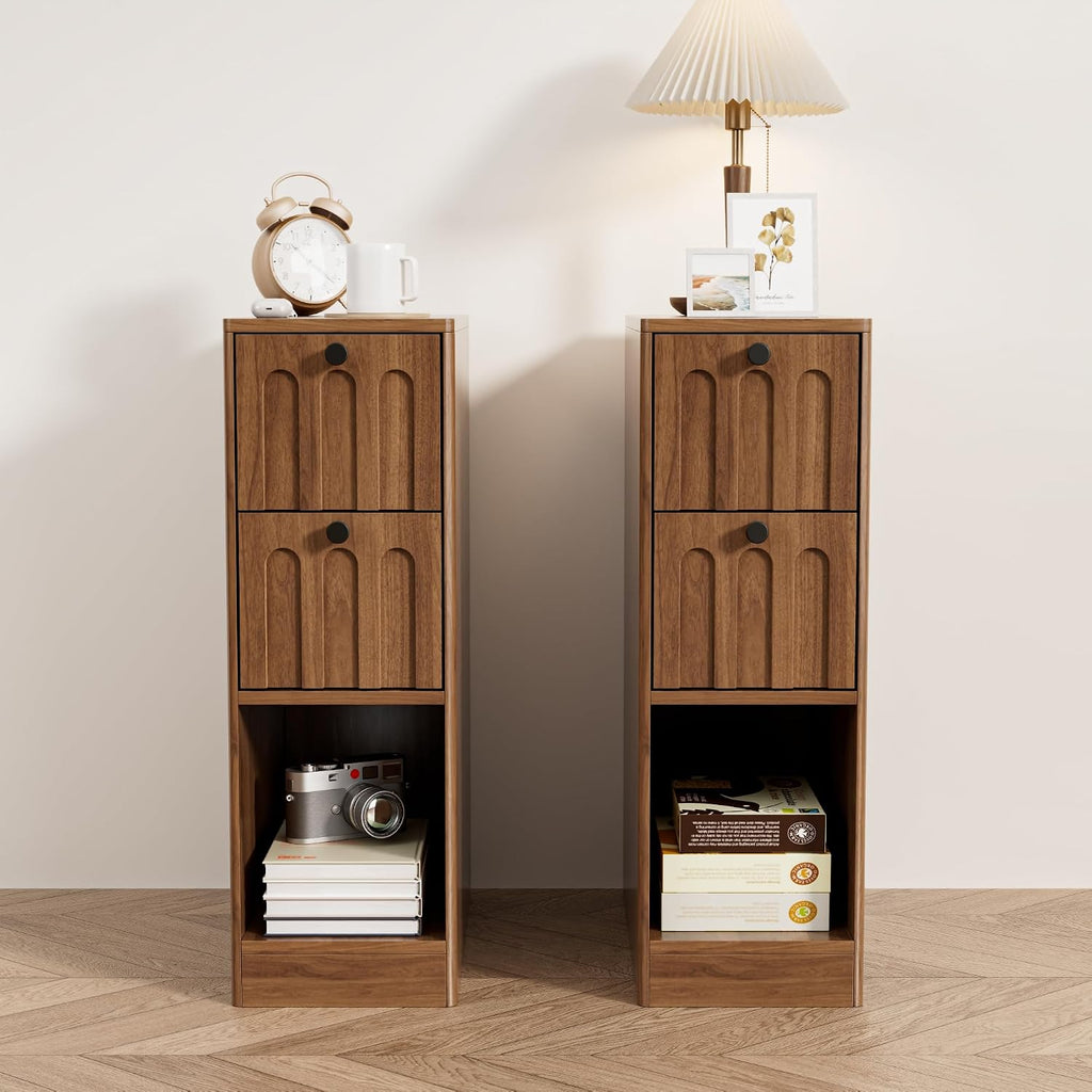 Narrow Walnut Nightstand Set of 2, Small Bedside Table with Arched Drawer, Wood Nightstand, Skinny Side End Table, Mid Century Modern Night Stand for Bedroom, Small Spaces, Slim, Vintage