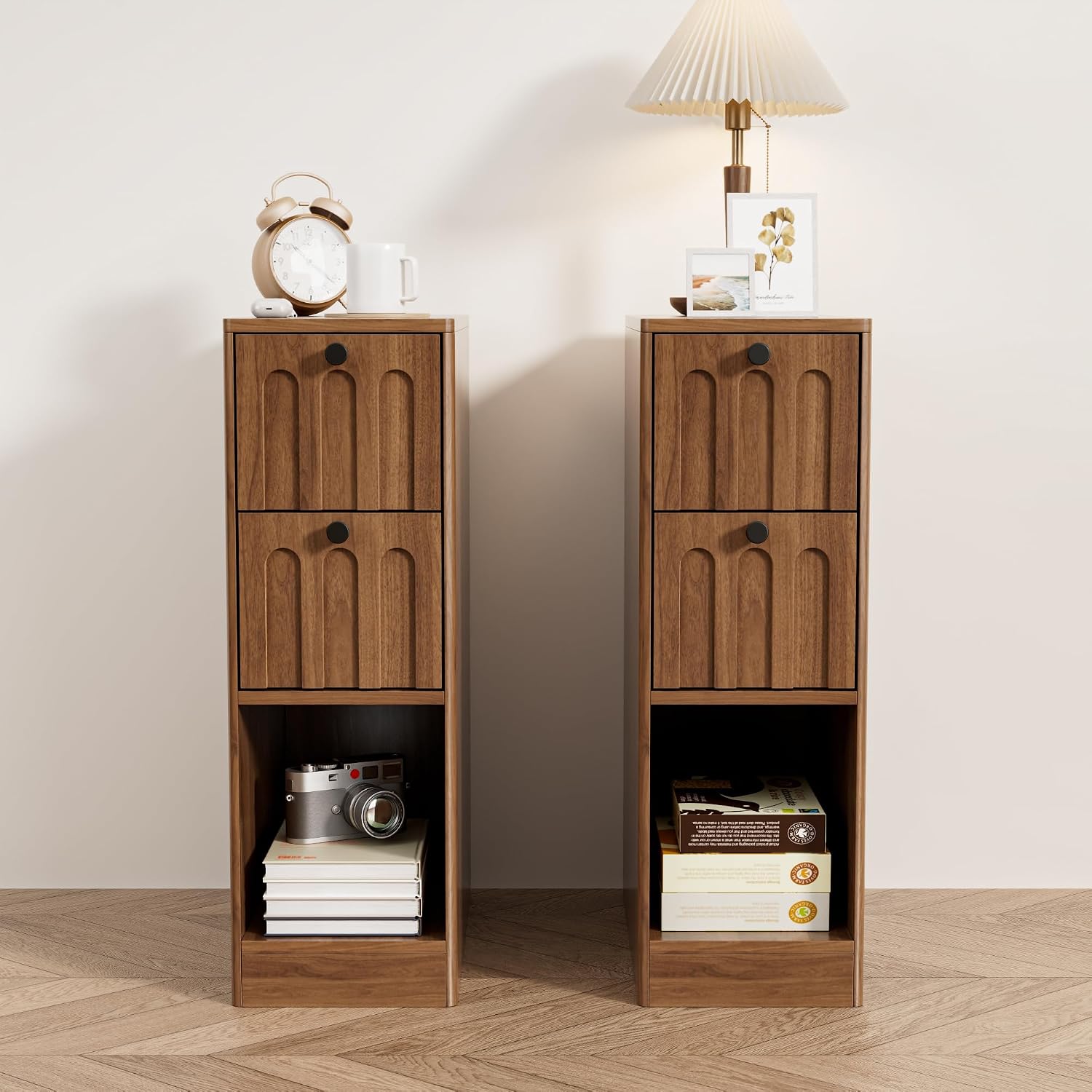Narrow Walnut Nightstand Set of 2, Small Bedside Table with Arched Drawer, Wood Nightstand, Skinny Side End Table, Mid Century Modern Night Stand for Bedroom, Small Spaces, Slim, Vintage