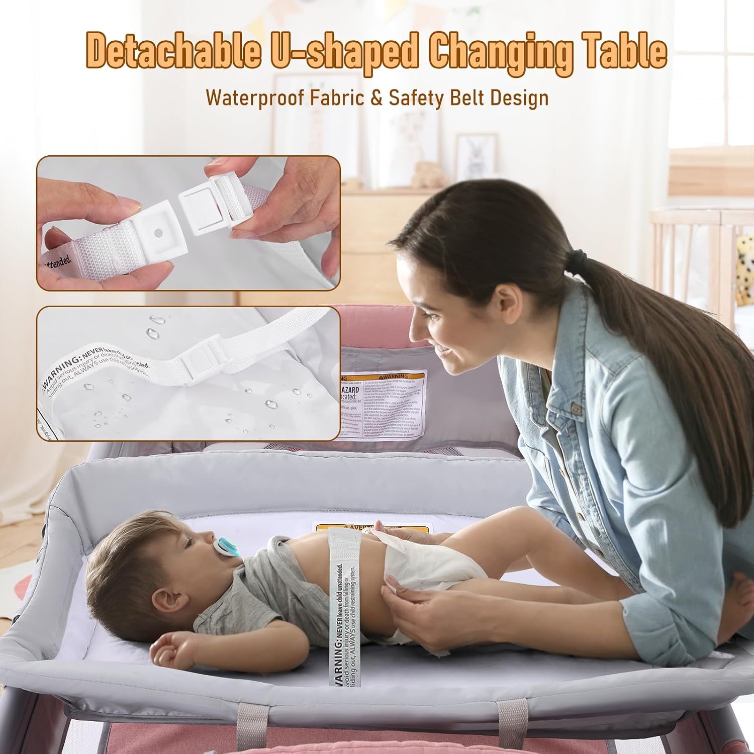Jaoul 5 in 1 Baby Crib, Bassinet Beside Sleeper, Pack and Play with Bassinet and Changing Table Portable Travel Baby Playpen with Toys & Music Box, Mattress for Girl Boy Infant Newborn Pink
