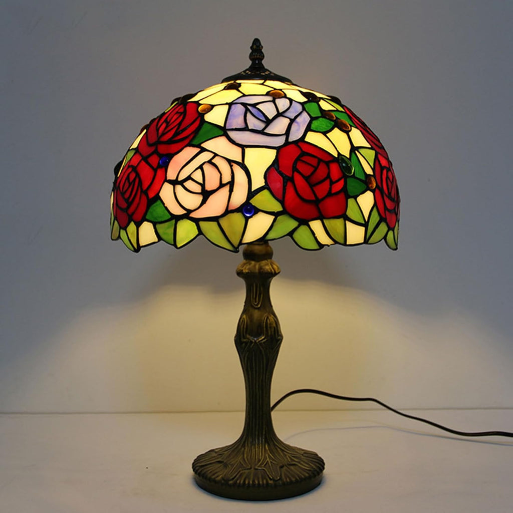 Tiffany Stained Glass Single Lampshade 12 Inch Colored Rose Table Lamp Shade Pendant Hanging Light Fixture Ceiling Lamp Replacement Shade Red Orange Blue Pink Flower Green Leaves,B1