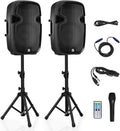 Costzon 2-Way Powered PA Speakers System Combo Set, 12' 2000W Portable Dual Passive Active Speaker with Stands, Bluetooth, TWS, USB/SD Card, AUX MP3 FM Radio, Microphone, Remote Control (12')