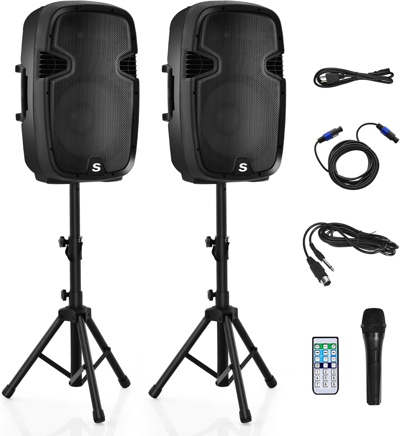 Costzon 2-Way Powered PA Speakers System Combo Set, 12' 2000W Portable Dual Passive Active Speaker with Stands, Bluetooth, TWS, USB/SD Card, AUX MP3 FM Radio, Microphone, Remote Control (12')