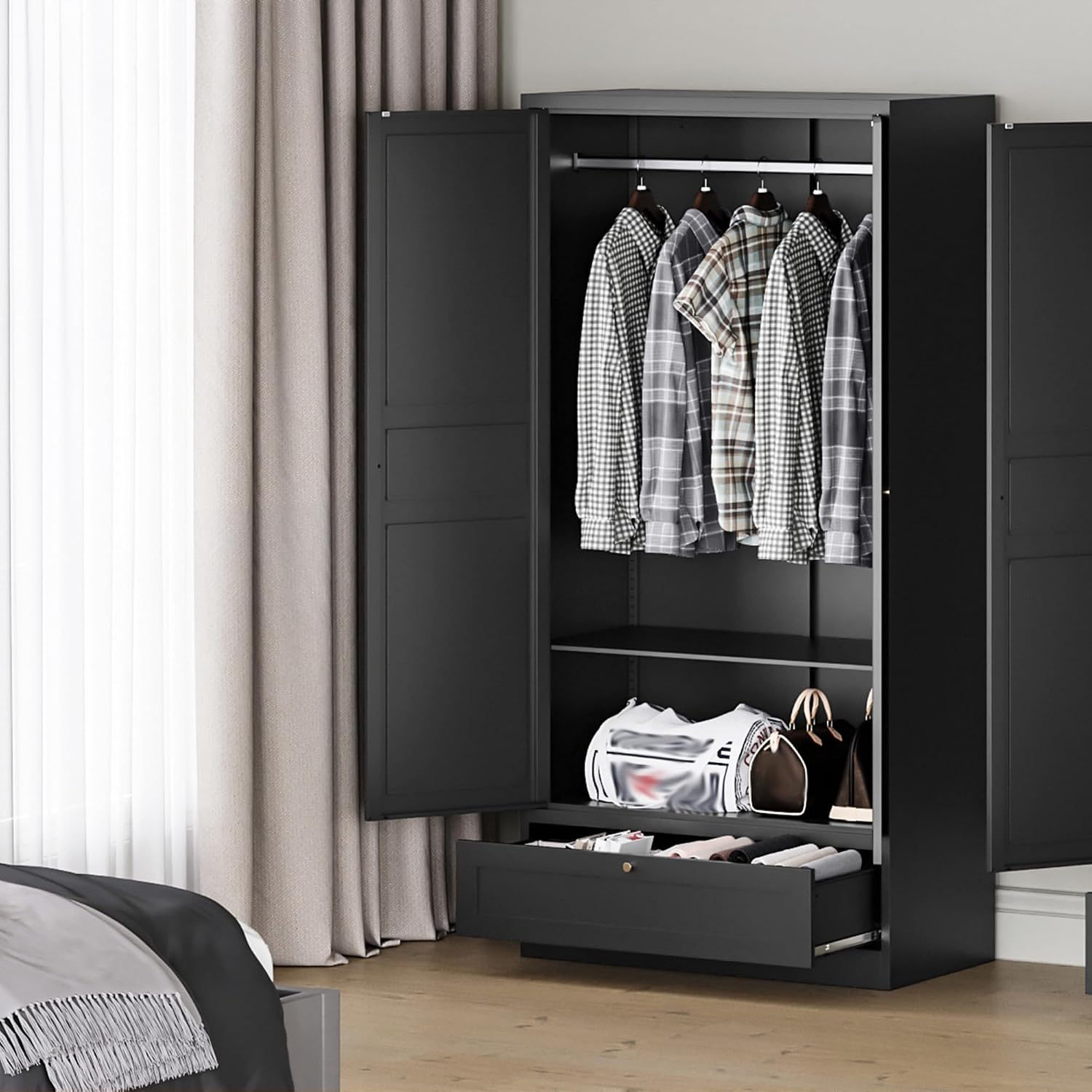 MIIIKO Wardrobe Closet with Drawer, 2 Doors Clothes Cabinet, 72' Metal Storage Cabinets with Hanging Rod and Shelf, Bedroom Armoires Laundry Room and Office Clothes Storage Organizer Cabinets