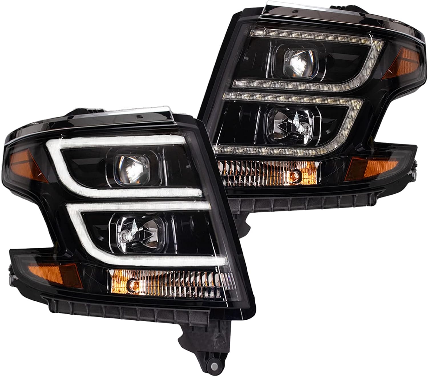 TRQ Performance Driver and Passenger Side Headlight Assembly Set Black Housing Clear Lens Compatible with 15-20 Chevrolet Suburban 15-20 Chevrolet Tahoe Halogen Only