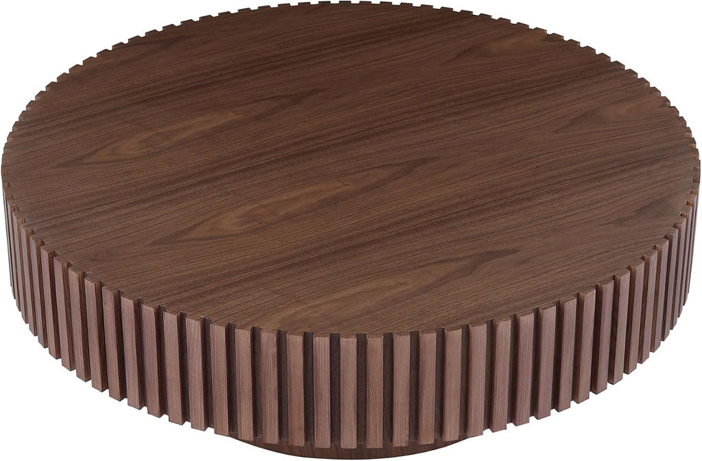 39' Round Drum Coffee Table with Sturdy Pedestal, Mid Century Modern Fluted Coffee Table, Circle Center Table Accent Tea Table for Living Room Apartment Walnut