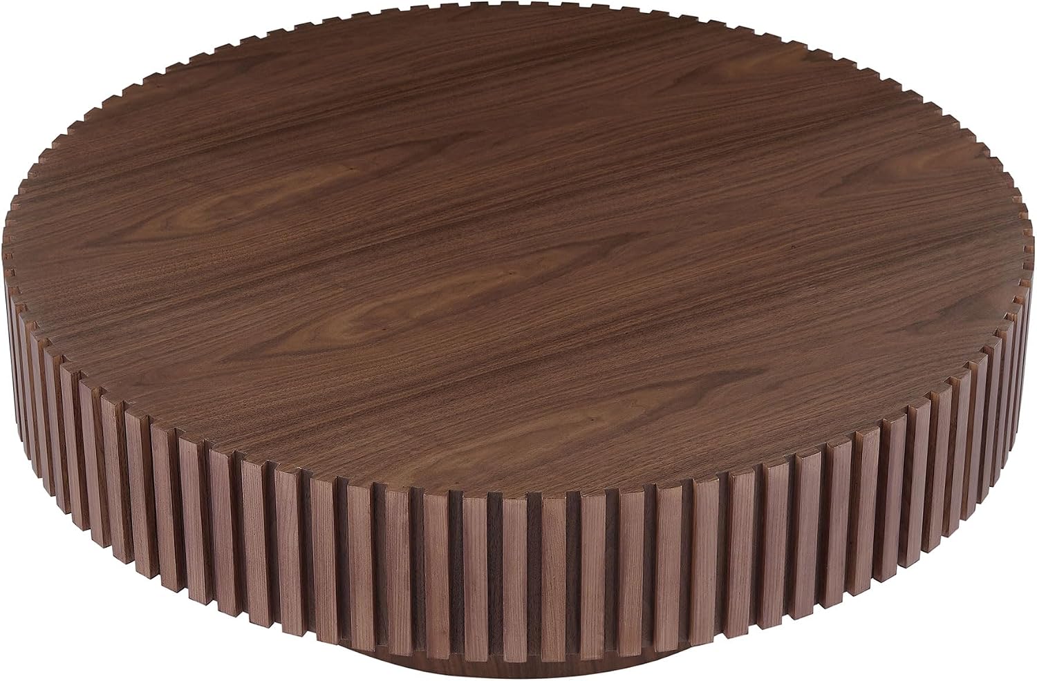 39' Round Drum Coffee Table with Sturdy Pedestal, Mid Century Modern Fluted Coffee Table, Circle Center Table Accent Tea Table for Living Room Apartment Walnut