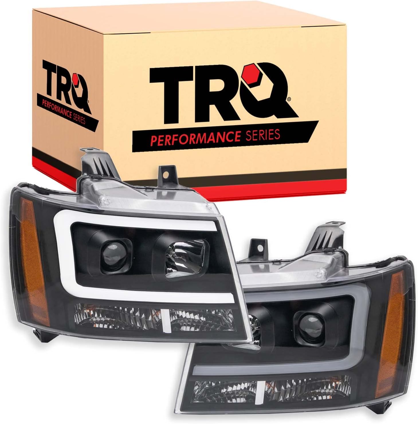 TRQ Performance Driver and Passenger Side Headlight Assembly Set Black Housing Projector Clear Lens Compatible with 07-13 Chevrolet Avalanche 07-13 Chevrolet Suburban 2500 07-14 Tahoe