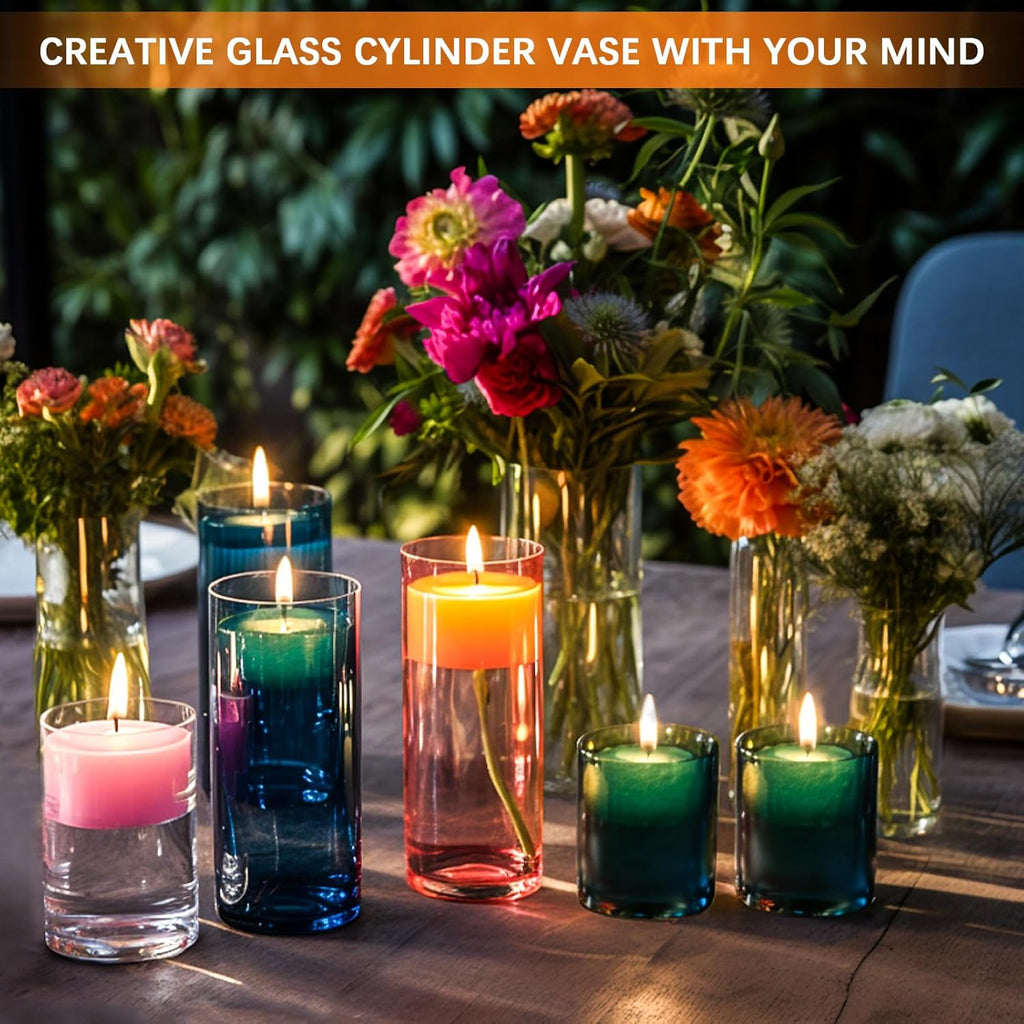 64 Pack Glass Cylinder Vases 4,6,8,10 Inch Tall Clear Flower Vase Hurricane Floating Candle Holder for Table Centerpiece Wedding Home Decor