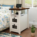 HDDDZSW Farmhouse XXL End Table with Charging Station, Narrow Side Table with USB Ports and Outlets, Nightstand with 2 Drawers Storage, Bedside Tables for Living Room, Bedroom, Rustic Walnut White