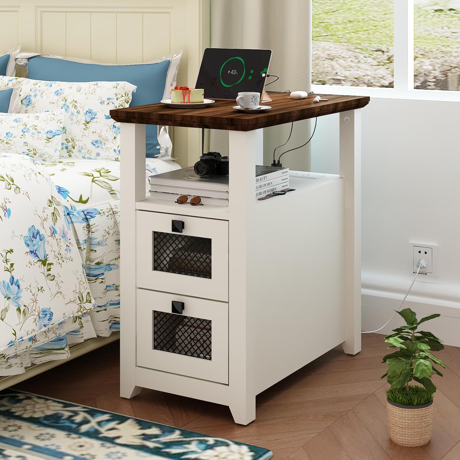 HDDDZSW Farmhouse XXL End Table with Charging Station, Narrow Side Table with USB Ports and Outlets, Nightstand with 2 Drawers Storage, Bedside Tables for Living Room, Bedroom, Rustic Walnut White