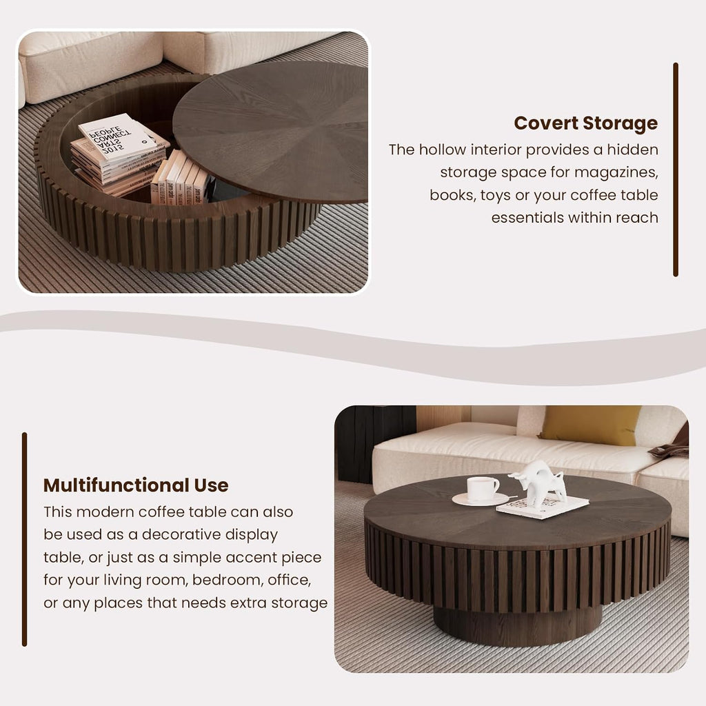 Round Drum Coffee Table with Storage for Living Room, Mid Century Modern Coffee Table with Sturdy Pedestal, Farmhouse Fluted Circle Center Table Accent Tea Table (31.5' Brown with Storage)