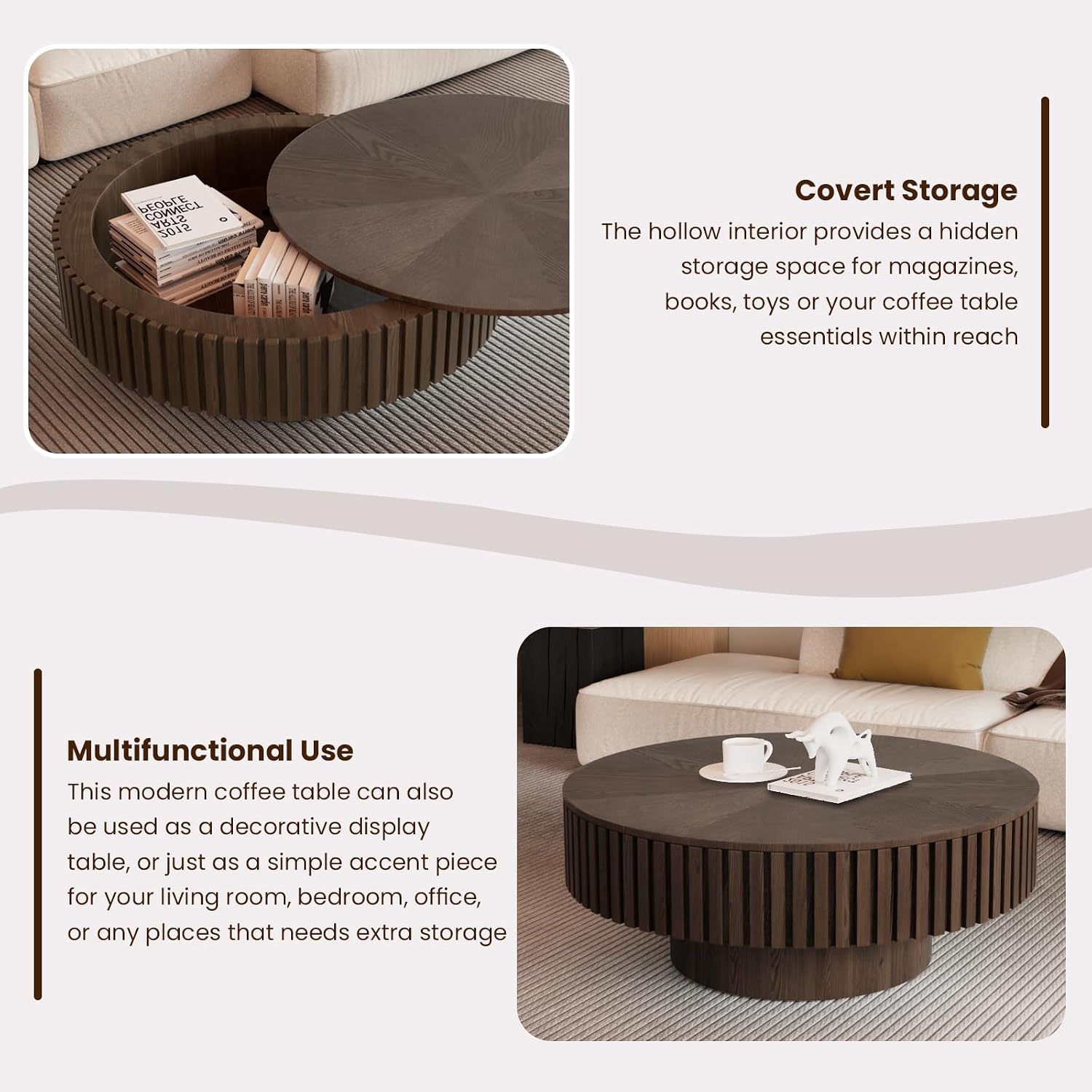 Round Drum Coffee Table with Storage for Living Room, Mid Century Modern Coffee Table with Sturdy Pedestal, Farmhouse Fluted Circle Center Table Accent Tea Table (31.5' Brown with Storage)