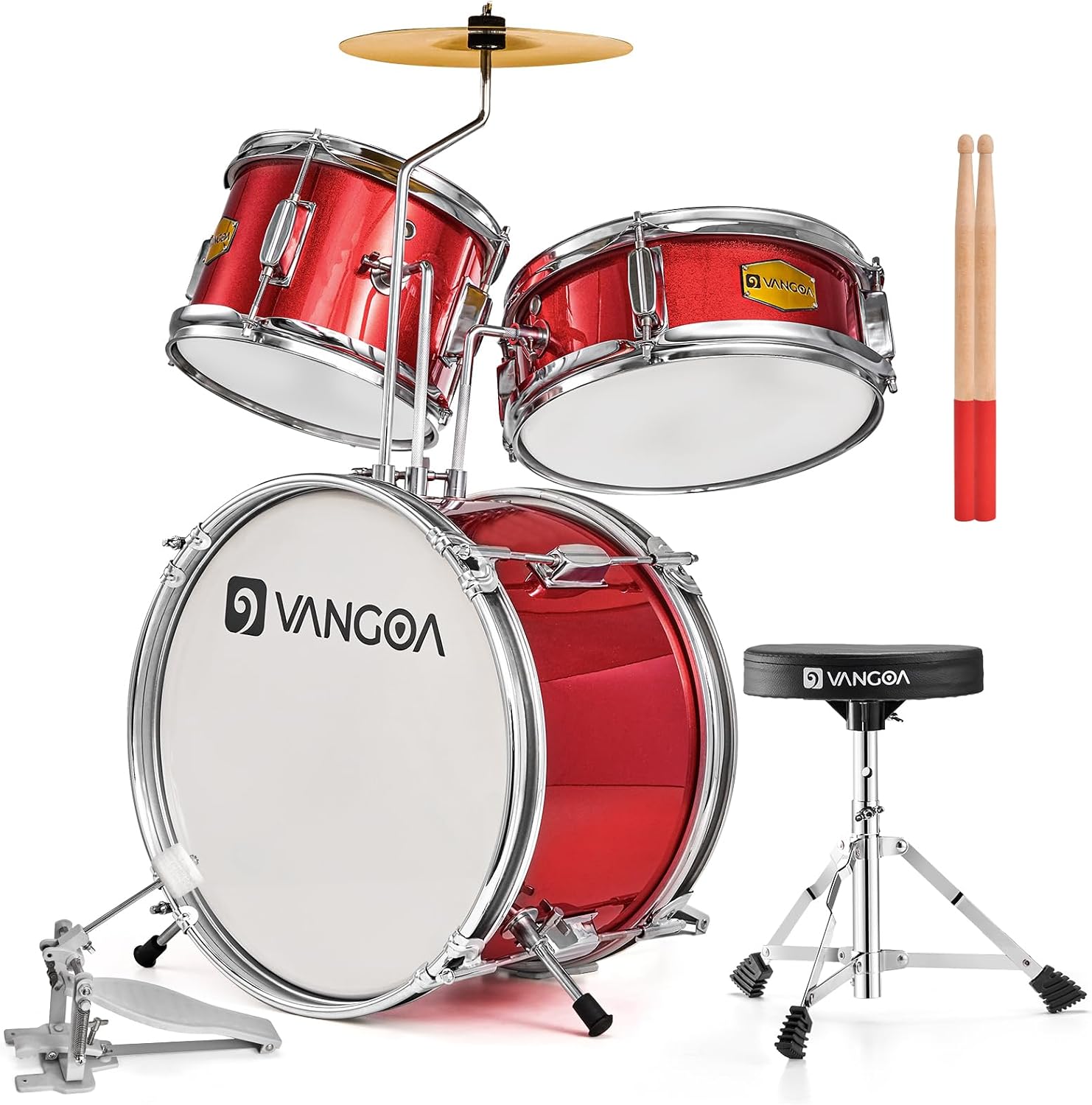 Kids Drum Set Vangoa 3-Piece Beginner, 14' Junior Drums Kit w/Bass Tom Snare drum, Adjustable Throne Cymbal Pedal & Drumsticks, Complete Starter Drumset Full Bundle for Children Boys Ages 3-12